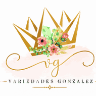 A digital graphic featuring a gold crown adorned with pink and green watercolor flowers, above elegant gold cursive writing that reads 'vg' and 'Variedades Gonzalez' on a white background.