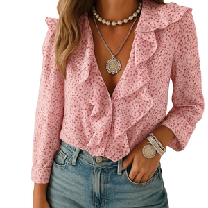 Women's butterfly print ruffle blouse with long sleeves angled view