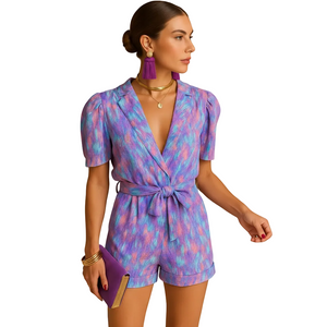 Women's printed summer jumpsuit with belted waist design side profile