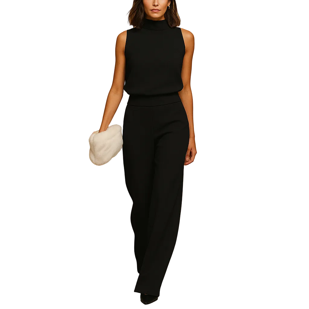Women's sleeveless halter jumpsuit with high waist and wide leg back view