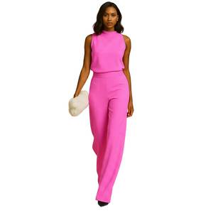 Women's sleeveless halter jumpsuit with high waist and wide leg angled view