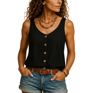 Women's sleeveless V neck summer top for casual everyday wear angled view