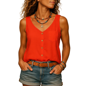 Orange women's sleeveless V neck summer top for casual everyday wear