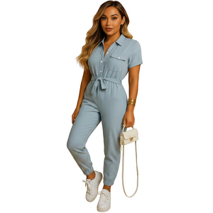 Women's tailored button front jumpsuit for workplace styling