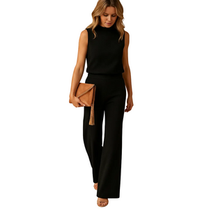 Women's wide leg jumpsuit with round neck for work and events angled view