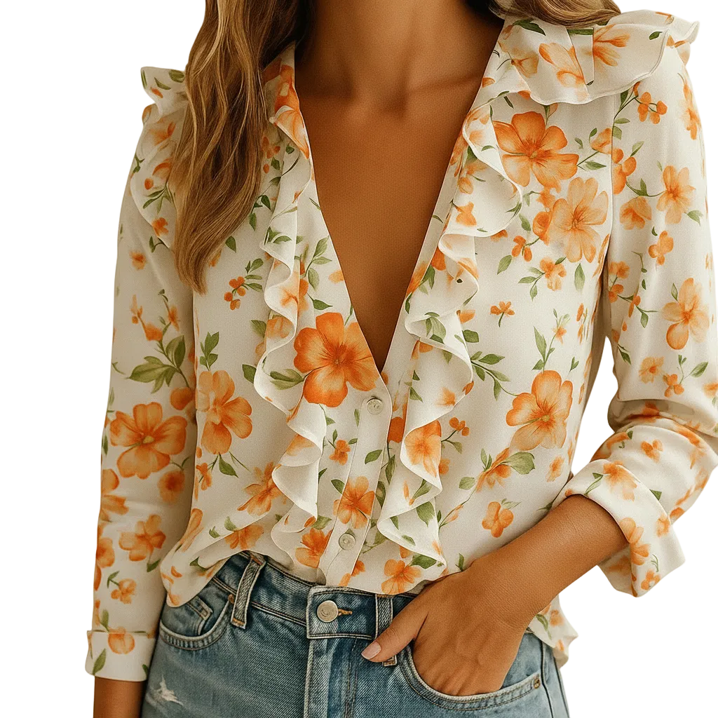 Women's butterfly print ruffle blouse with long sleeves front view