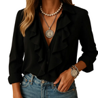 Women's butterfly print ruffle blouse with long sleeves side profile