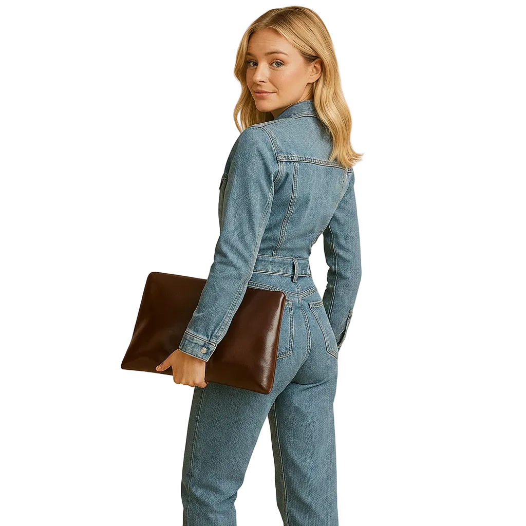 Women's denim long sleeve jumpsuit with straight leg design side profile
