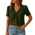 Women's lace V neck blouse with elegant floral detail front view
