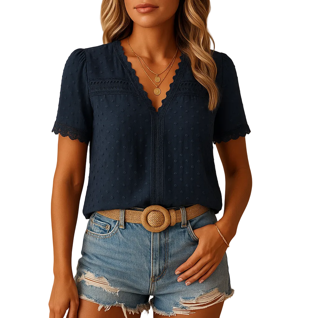 Women's lace V neck blouse with elegant floral detail angled view