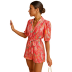 Women's printed summer jumpsuit with belted waist design back view