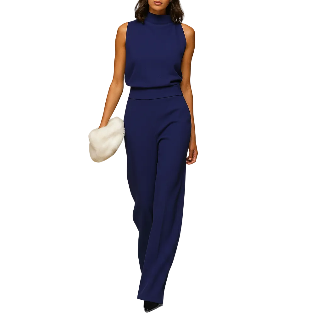 Women's sleeveless halter jumpsuit with high waist and wide leg front view