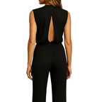 Women's sleeveless halter jumpsuit with high waist and wide leg side profile