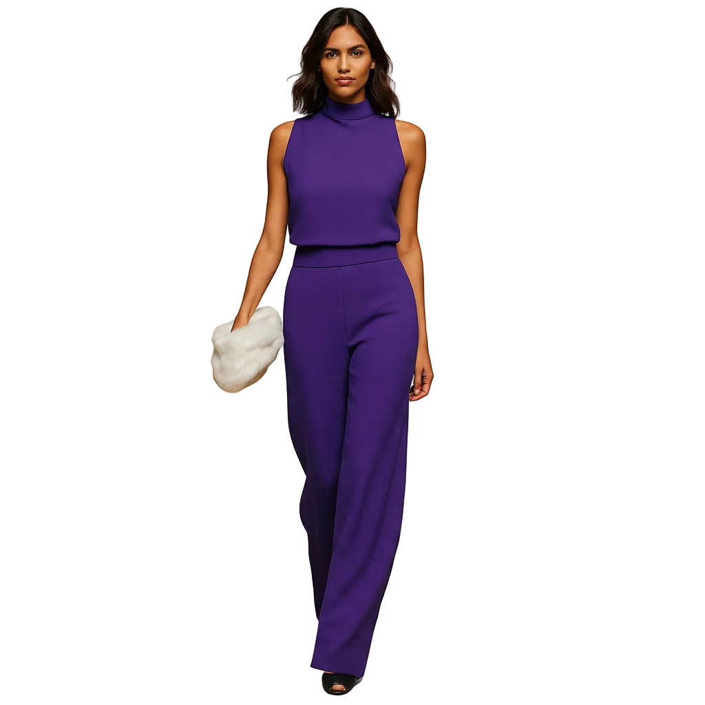 Halter neckline detail on women's sleeveless jumpsuit