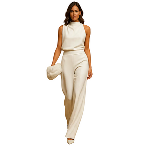 High waist detail on women's halter jumpsuit