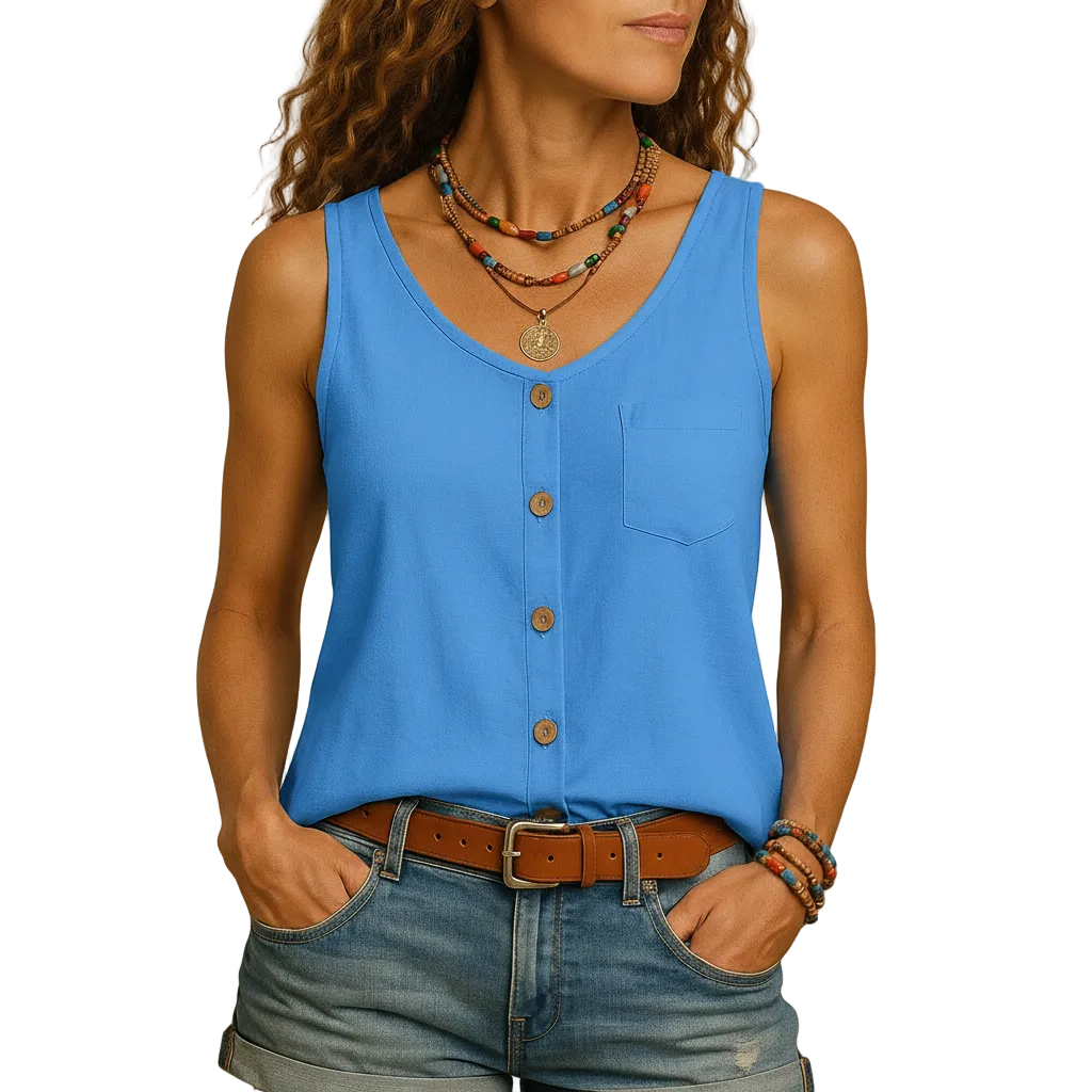 White women's sleeveless V neck summer top for casual everyday wear