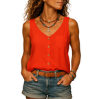Orange women's sleeveless V neck summer top for casual everyday wear
