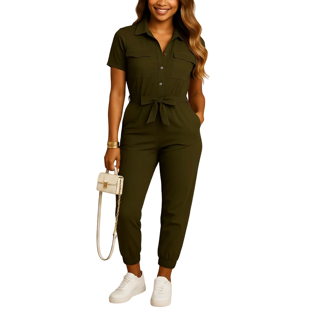 Women's tailored button front jumpsuit for work and social events front view