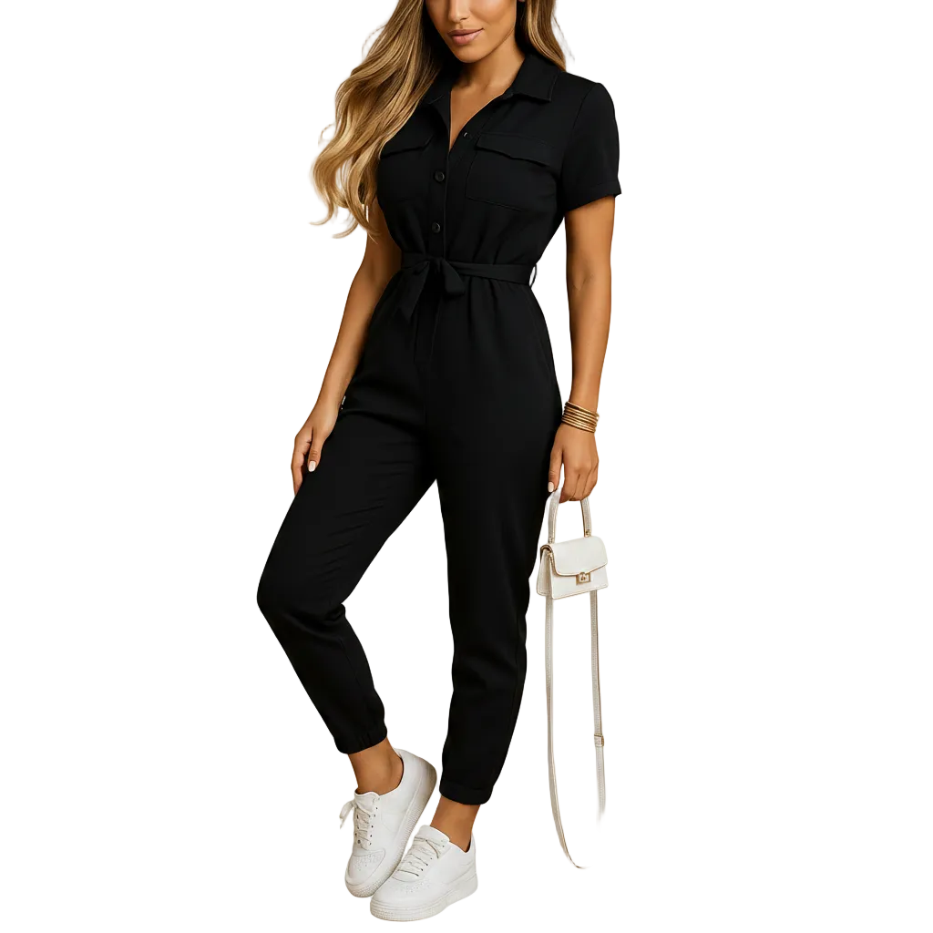 Women's tailored button front jumpsuit for work and social events back view