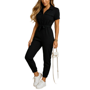 Women's tailored button front jumpsuit for work and social events back view