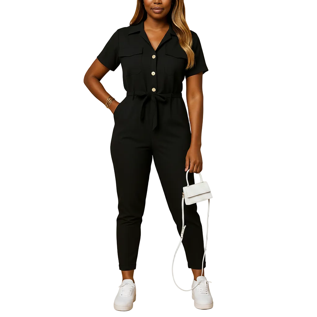 Women's tailored button front jumpsuit for work and social events side profile
