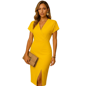 Flowing silhouette on women's V neck midi dress