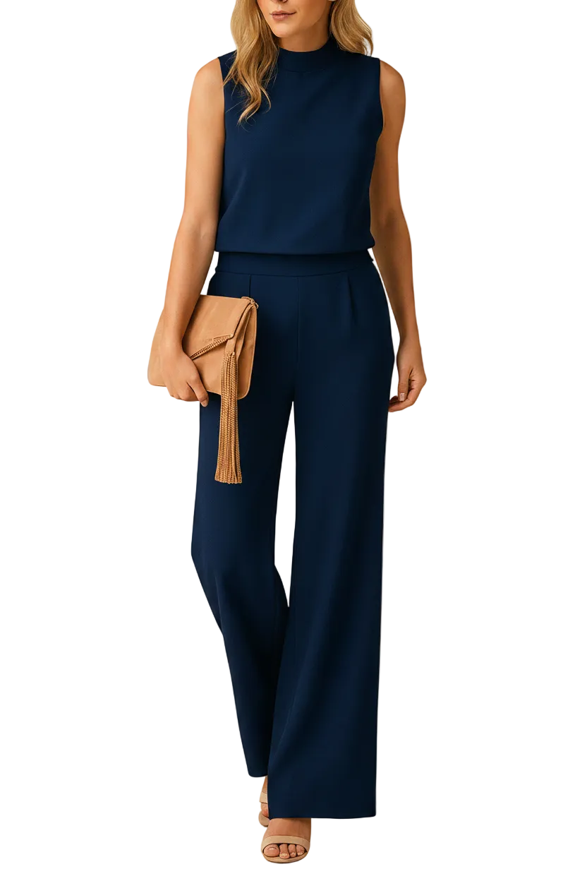Women's wide leg jumpsuit with round neck for work and events side profile