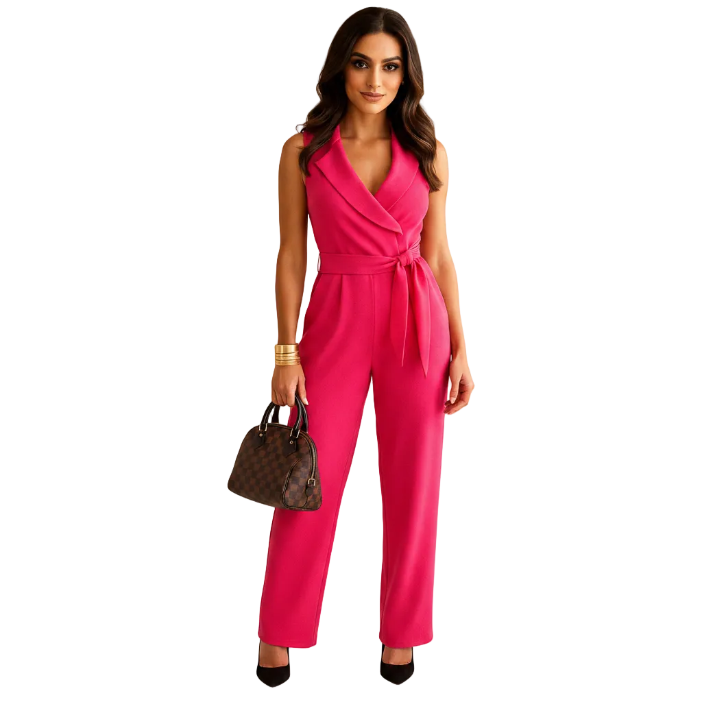 Women's wrap front jumpsuit paired with heels